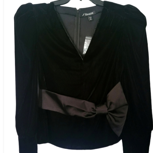 NEW! EXPRESS Velvet V-neck Crossover Long Sleeve Bow Accent Blouse Top XS. - Picture 4 of 6